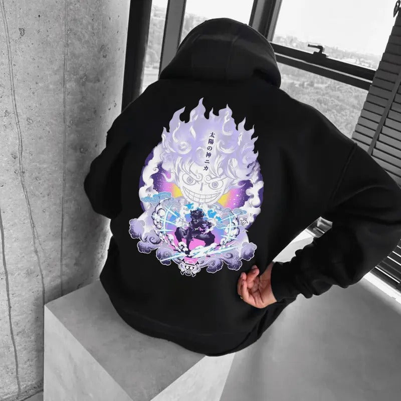 Manga Anime OP Nika Gear 5 2 sides Hoodie, Punny Cartoon Hoodie, Japanese Anime 90s Graphic Hoodie, Anime Hoodie Tops...