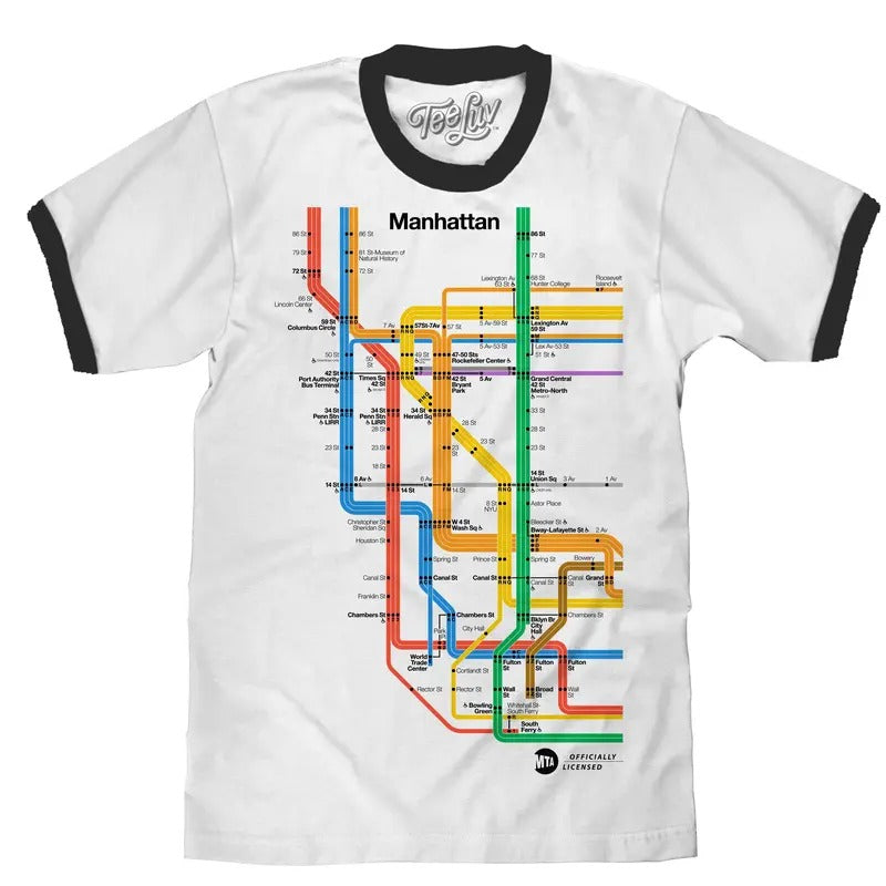 Manhattan Metro Map Ringer T-Shirt - White and Black Hoodie, Sweatshirt | GrindPrints.com