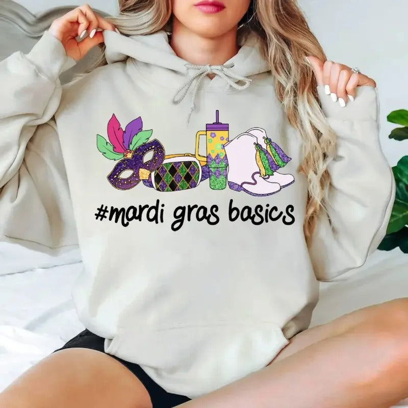 Mardi Gras Basics Tshirt Sweatshirt Hoodie, Shake Your Bootie Shirt, Mask Mardi Gras, Retro Fat Tuesday Shirt, Unisex...