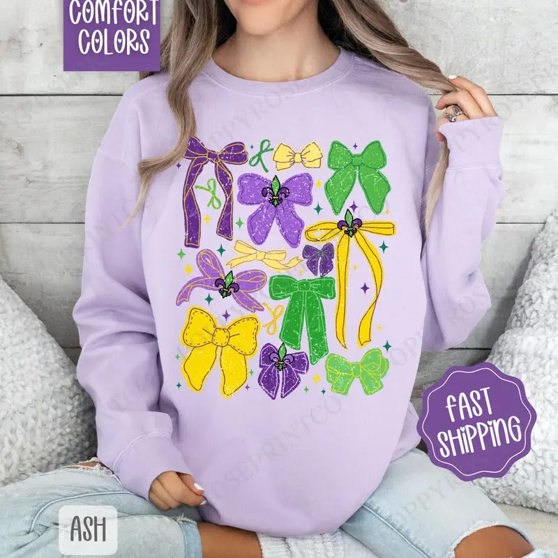 Mardi Gras Bows Comfort Colors Sweatshirt, Coquette Mardi Gras Women's Crewneck, Louisiana Women's Sweater T-Shirts, Hoodie