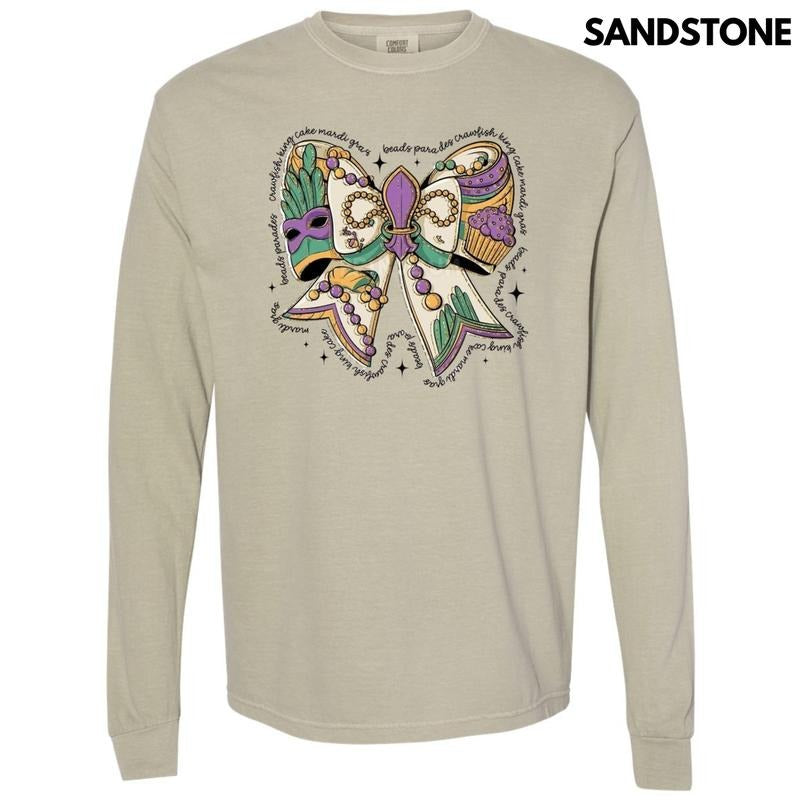 Mardi Gras Theme Bow Long Sleeve Comfort Colors T-Shirt Hoodie, Sweatshirt | GrindPrints.com