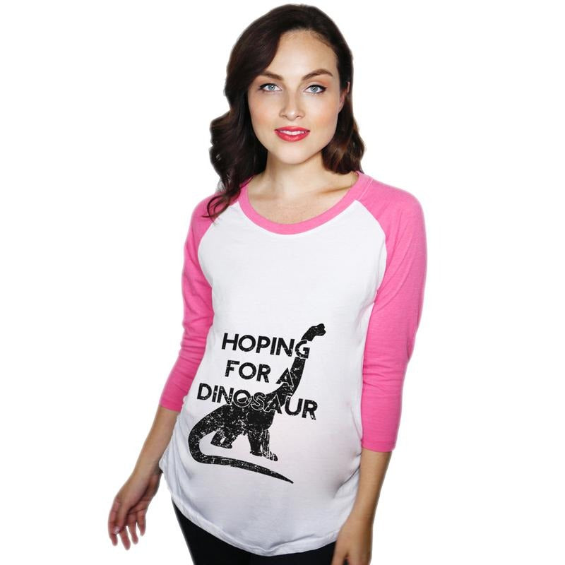 Maternity Hoping Dinosaur Cute Funny Pregnancy Baseball Maternity Shirts Long Sleeve Funny Dinosaur Maternity Long Sleeve Shirt Pink T-Shirts, Hoodie, Sweatshirt