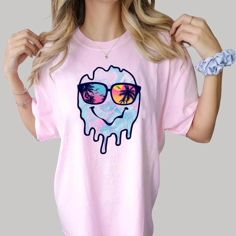 Melting Smile Face Shirt, Summer Vibes Graphic Tee, Melting Smiling Face With Beach Glasses Shirt, Retro Summer Tee,...
