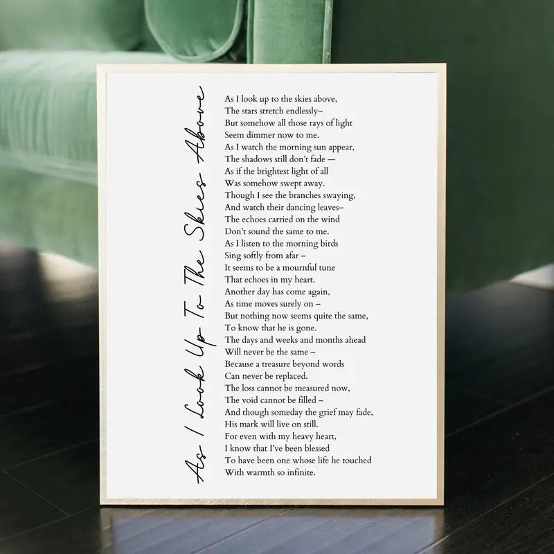 Memorial Gifts Ideas, Memorial Poster Prints, As I Look Up To The Skies Above Poem, Grief Quote, A Letter From Heaven,...