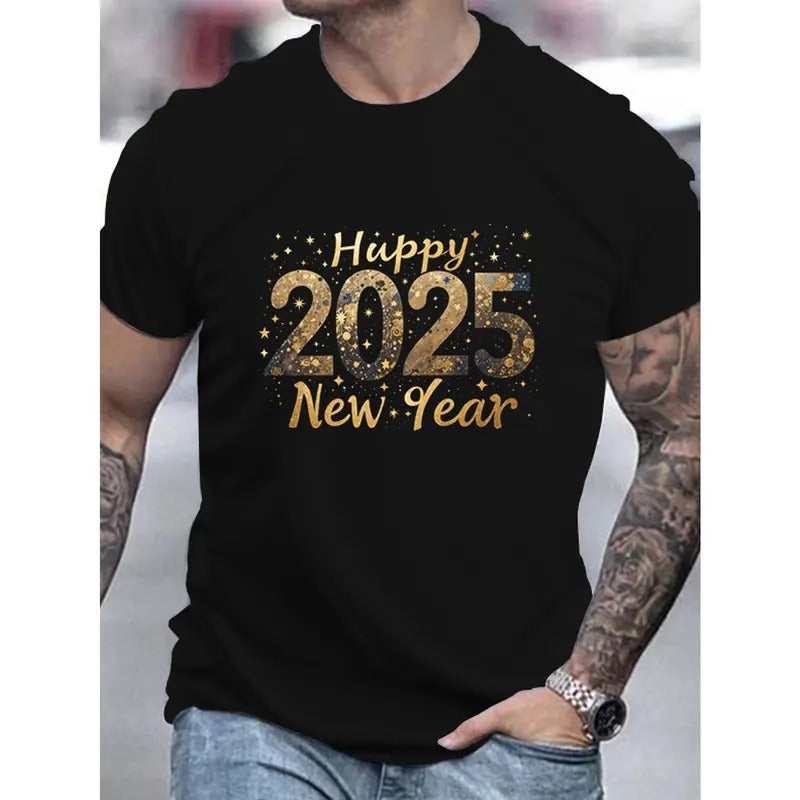 Men'S 2025 Happy New Year 3D Print T-Shirt, Casual Round Neck, Short Sleeve, Summer Cotton Top, Adult Fashion, Regular...