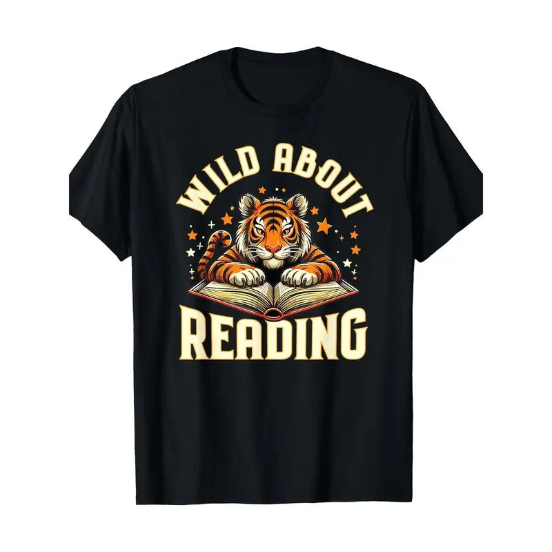 Casual Cotton "Wild About Reading" Tiger Geometric Pattern Round Neck Stretch Fabric Suitable Sports Yoga Running Training Parties All Occasions Made USA T-Shirts, Hoodie, Sweatshirt
