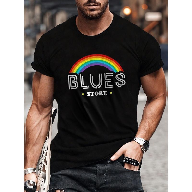 Men'S Casual Cotton T-Shirt with Blues Store Rainbow Print - Crew Neck, Slight Stretch, Knit Fabric, Regular Fit for...