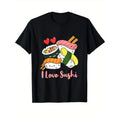 Men'S Casual Cotton T-Shirt with Sushi Food Print - Crew Neck, Short Sleeve, Loose Fit, Knit Fabric with Medium Stretch