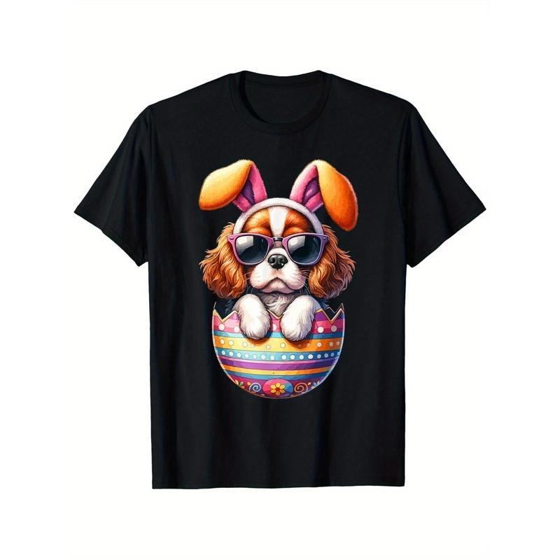 Men's  Easter T-Shirt with Cavalier King Charles Spaniel in Bunny Ears Design, Soft and Comfortable, Black Round Neck,...