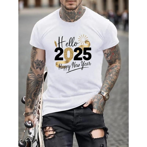 Men's "Hello 2025 Happy New Year" Firework Print T-Shirt, Casual Short Sleeve Cotton Tee, Round Neck, Stretch Fabric,...