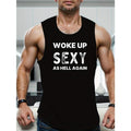 Men's "Woke Up Sexy" Graphic Tank Top - Quick-Dry, Breathable Cotton & Polyester Athletic Vest, Black with White Print,...