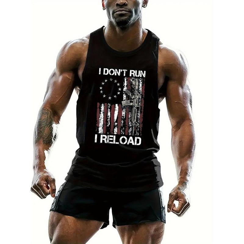 Men's 100% Cotton Sleeveless Tank Top with "I DON'T RUN I RELOAD" Graphic Print, American Flag Design, Round Neck,...