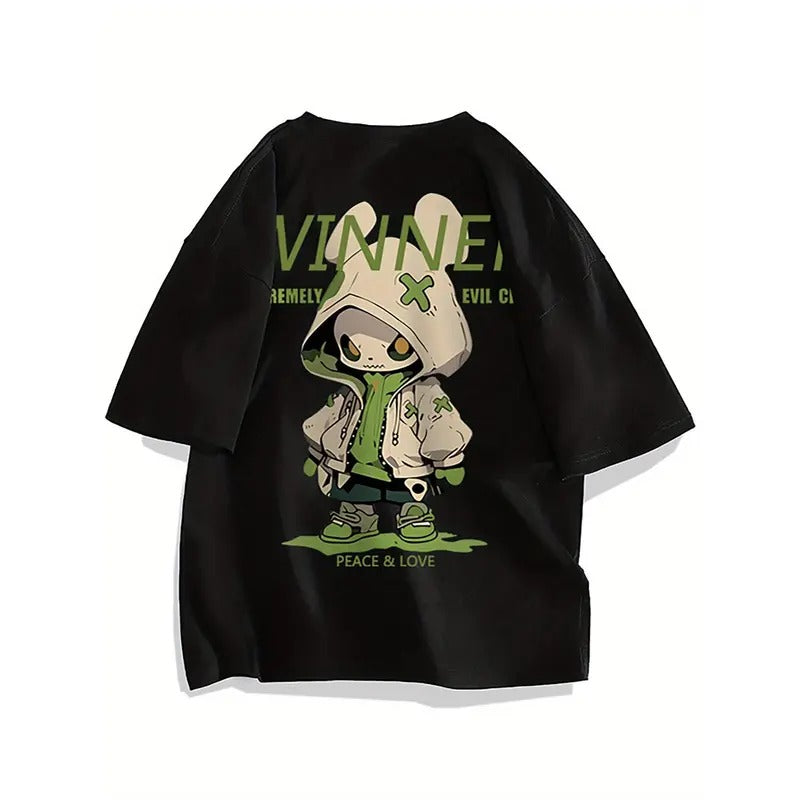 Men's 100% cotton cartoon rabbit pattern printed T-shirt, casual short-sleeved round neck T-shirt, summer outdoor men's...