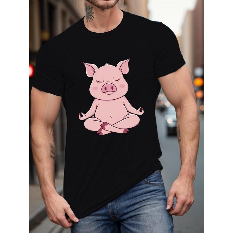 Men's Cartoon Meditative Pig Print T-Shirt, Casual Short Sleeve Polyester Tee, Summer Fashion Top, Regular Fit, Crew...