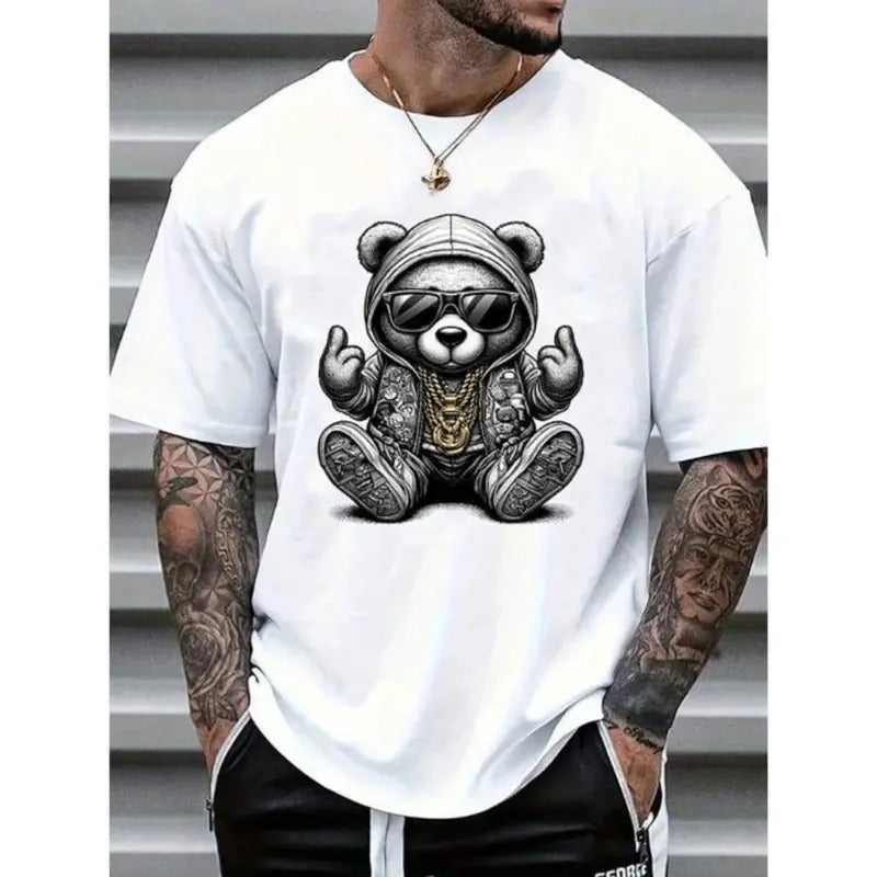 Men's Casual Cartoon Bear Print Round Neck Short Sleeve T-Shirt, Summer Made In USA Hoodie, Sweatshirt | GrindPrints.com