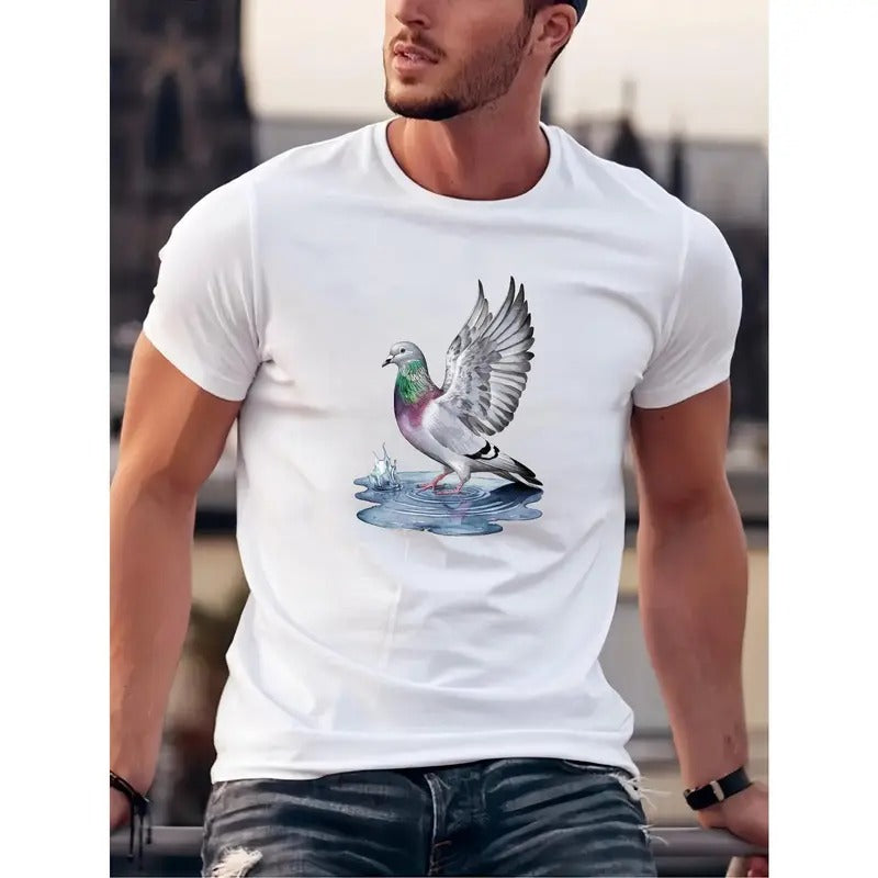 Men's Casual Crew Neck T-shirt With Stylish Pigeon In Puddle Print, Trendy Short Sleeve Top For Summer Daily Wear Made in...