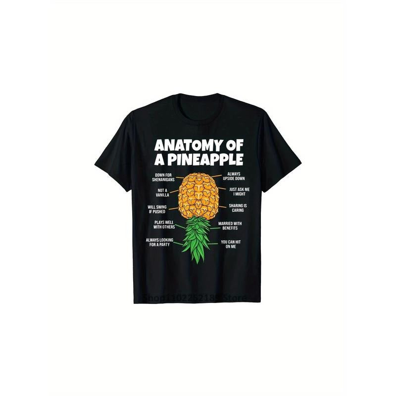 Men's Casual Fashion T-Shirt - 100% Cotton, Geometric Pineapple Print, Crew Neck, Short Sleeve, Machine Washable