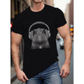 Men's Casual Guinea Pig with Headphones Graphic Tee - Soft Polyester, Short Sleeve, Round Neck