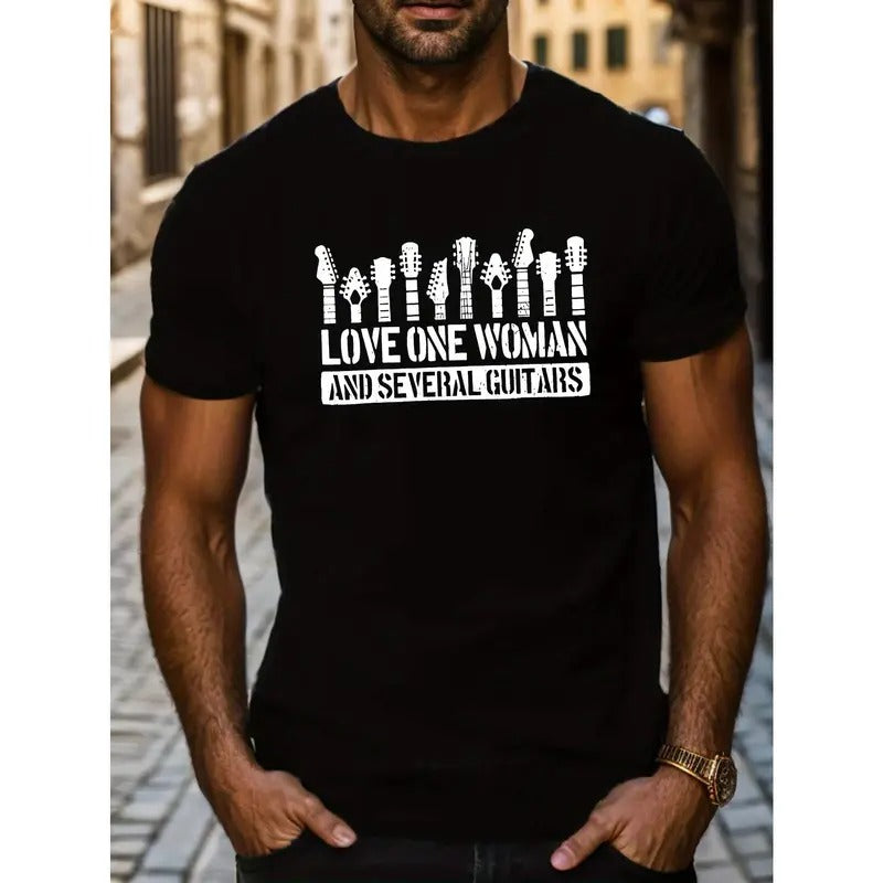 Men's Casual Short Sleeve T-Shirt With "Love One Woman And Several Guitars" Print, Music Lover Summer Top, Comfort Fit...