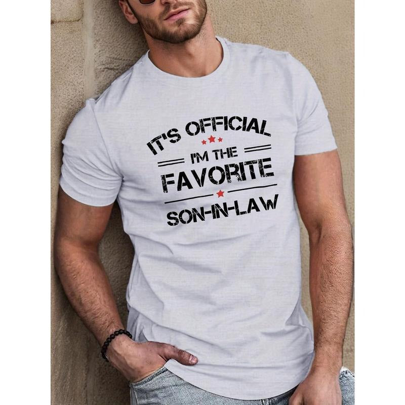 Men's Casual Short Sleeve T-Shirt, "Favorite Son-in-Law" Print, Summer Knit Fabric, Regular Fit, Round Neck, Geometric...
