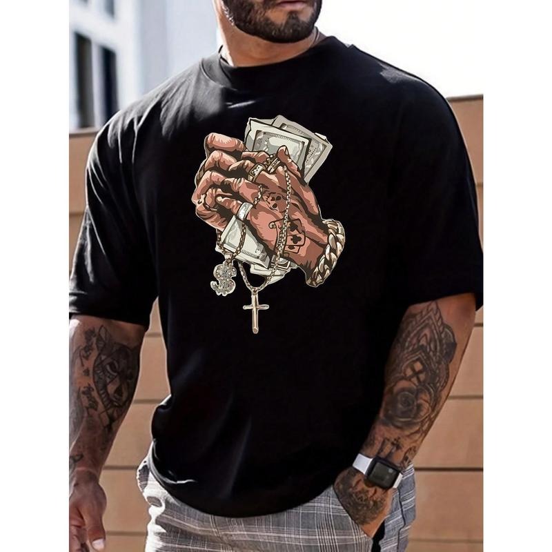Men's Casual Summer Cross & Finger Gesture Print Short Sleeve T-Shirt Made in USA Hoodie, Sweatshirt | GrindPrints.com