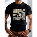 Men's Casual T-Shirt With "Wooden Spoon Survivor" Graphic Print, Short Sleeve Crew Neck Summer Trendy Top For Daily Wear,...