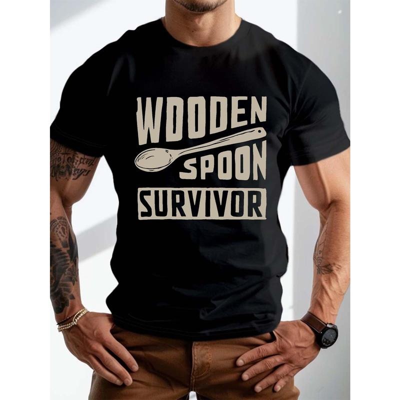 Men's Casual T-Shirt With "Wooden Spoon Survivor" Graphic Print, Short Sleeve Crew Neck Summer Trendy Top For Daily Wear,...