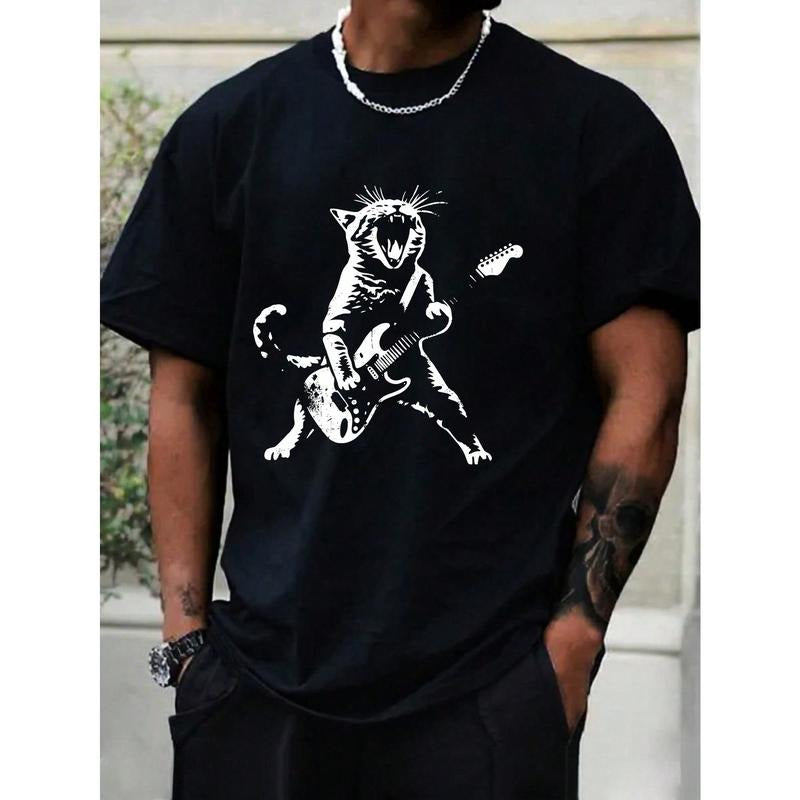 Men's Cat Playing Guitar Printed T-Shirt Made in USA Hoodie, Sweatshirt | GrindPrints.com
