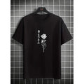 Men's Classic Black Cotton T-Shirt with Elegant White Rose Graphic - Casual Crew Neck, Short Sleeve, Machine Washable