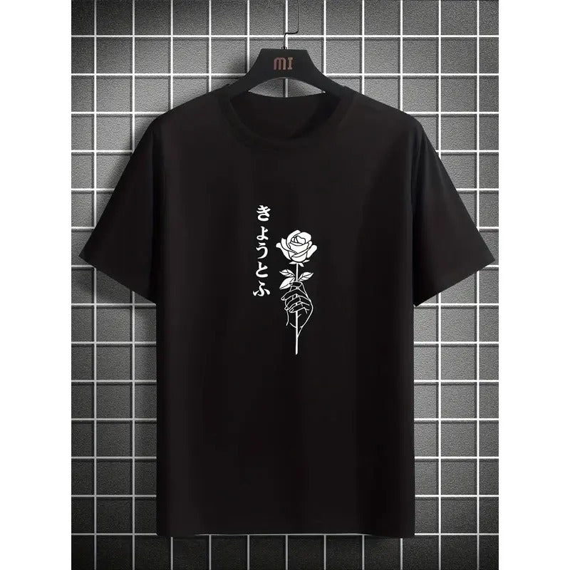 Men's Classic Black Cotton T-Shirt with Elegant White Rose Graphic - Casual Crew Neck, Short Sleeve, Machine Washable