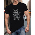 Men's Cool Cat With Guitar Print Tee Shirt, Tees For Men, Casual Short Sleeve T-shirt For Summer Made in USA Hoodie,...