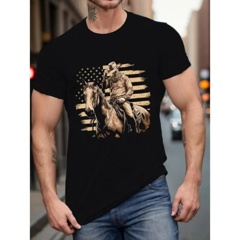 Men's Cowboy On Horse Print T-Shirt - Casual Summer Short Sleeve Round Neck Knit Tee