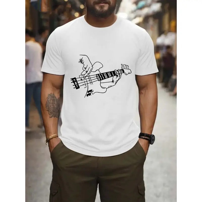 Men's Fashionable Round Neck Short Sleeve Guitar Print T-Shirt for Everyday Comfortable Wear Made in USA Hoodie, Sweatshirt
