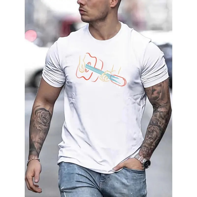 Men's Guitar Print T-shirt, Casual Short Sleeve Crew Neck Tee, Men's Clothing For Outdoor Made in USA Hoodie, Sweatshirt