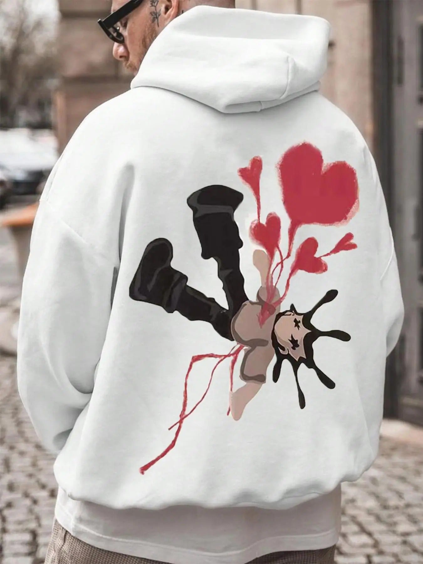 Men's Heart & Figure Print Drop Shoulder Hoodie, Regular Fit Fashion Casual Drawstring Pocket Hooded Sweatshirt for Daily...