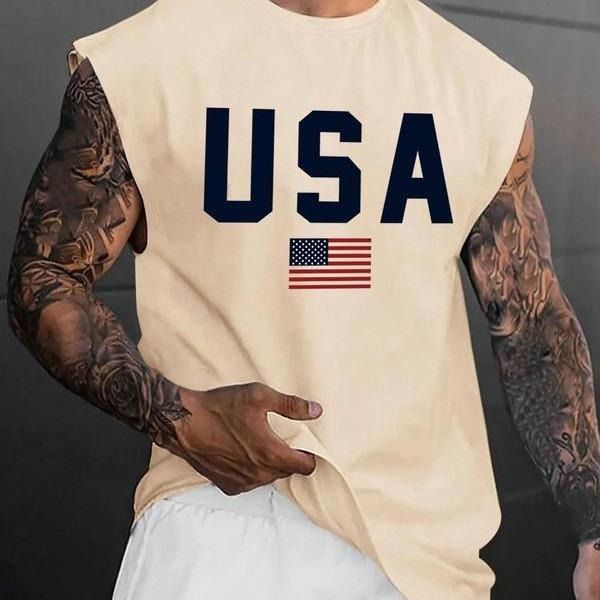 Men's Letter & Flag Print Round Neck Tank Top  Round Neck Tank Top, Regular Fit Graphic Casual Top for Summer, Men's Top...