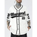 Men's Letter & Number Print Button Front V Neck Baseball Jersey, Casual Drop Shoulder Short Sleeve Top for Daily Wear,...