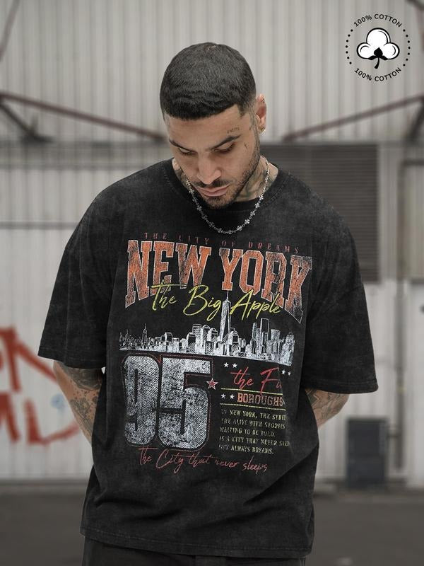 Men's New York City Print Round Neck Tee, Regular Fit Street Fashion Casual Short Sleeve T-shirt for Daily Wear, Men's...