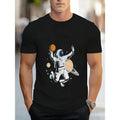 Men's Novelty T-Shirt, Casual Polyester, Round Neck, Stretch Fabric, Geometric Astronaut & Basketball Print, Regular Fit,...