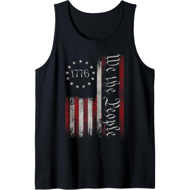 Men's Patriotic 1776 American Flag Tank Top - Sleeveless Cotton Knit Vest, "We The People" Print, Black, Casual Pullover...