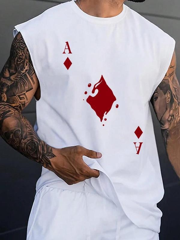Men's Playing Card Print Round Neck Sleep Tank Top, Summer Clothes, Gym Outfit, Workout Outfit Round Neck Tank Top, Gift...