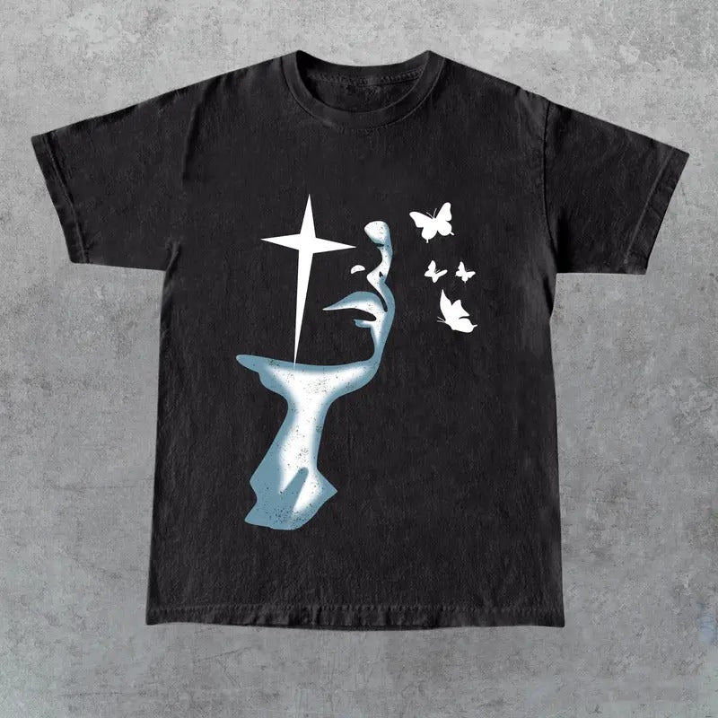 Men's Portrait Butterfly T-shirt, T Shirts for Men, Y2K Gothic Graphic Tees for Men, Casual Street Summer Tops for Men...