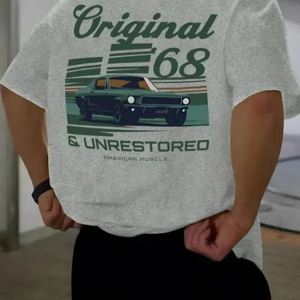 Men's Regular Fit Vintage Car & Letter Print Round Neck Short Sleeve Tee, Casual Short Sleeve Crew Neck T-shirt for Daily...