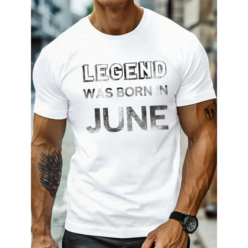 Men's Round Neck Short Sleeve T-shirt With Creative LEGEND WAS BORN IN JUNE Print, Casual Comfy Fit For Daily And Outdoor...