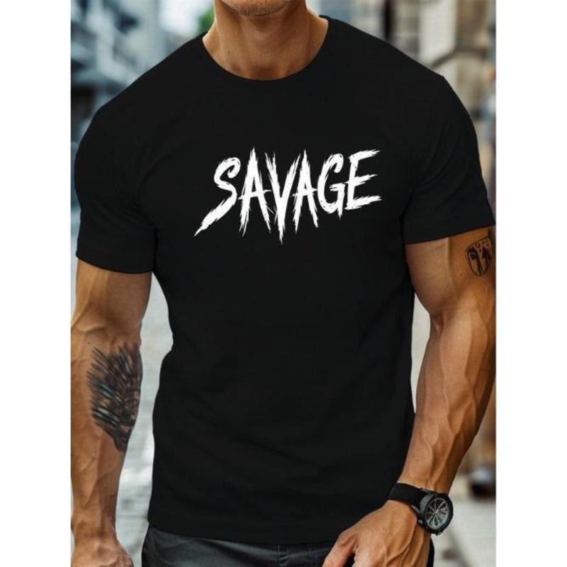 Men's Round Neck Short Sleeve Tee With Simple SAVAGE Word Print, Art Font Style, Trendy Basic Top For Daily And Outdoor...