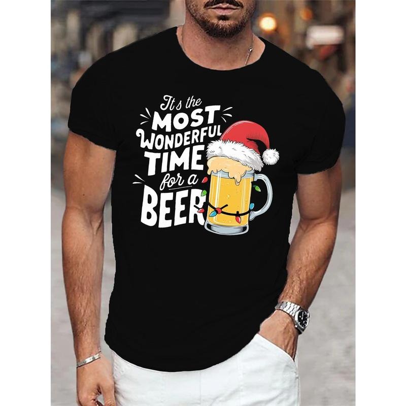 Men's Short Sleeve Crew Neck Beer With Santa Hat Print T-Shirt, Casual Comfortable Stylish Versatile Top Made in USA...