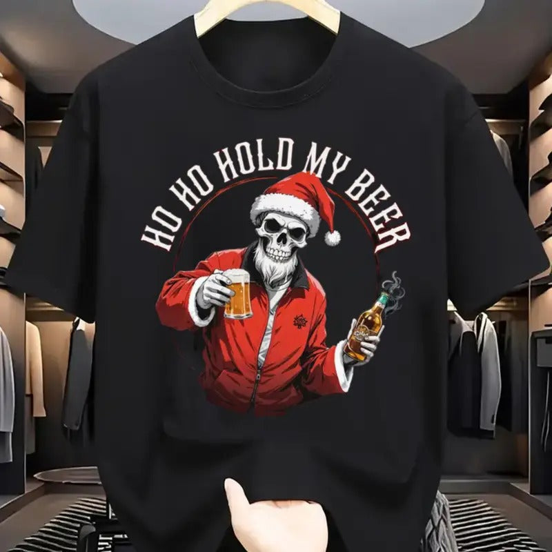 Men's Skull Wearing Christmas Hat Holding Drink Print Crew Neck Short Sleeve T-Shirt, Casual Daily Hoodie, Sweatshirt