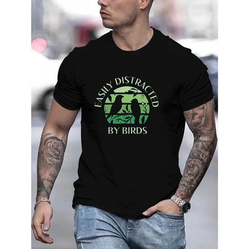 Men's Stylish Birds Pattern T-Shirt, Casual Breathable Crew Neck Short Sleeve Tee Top For City Walk Street Hanging...