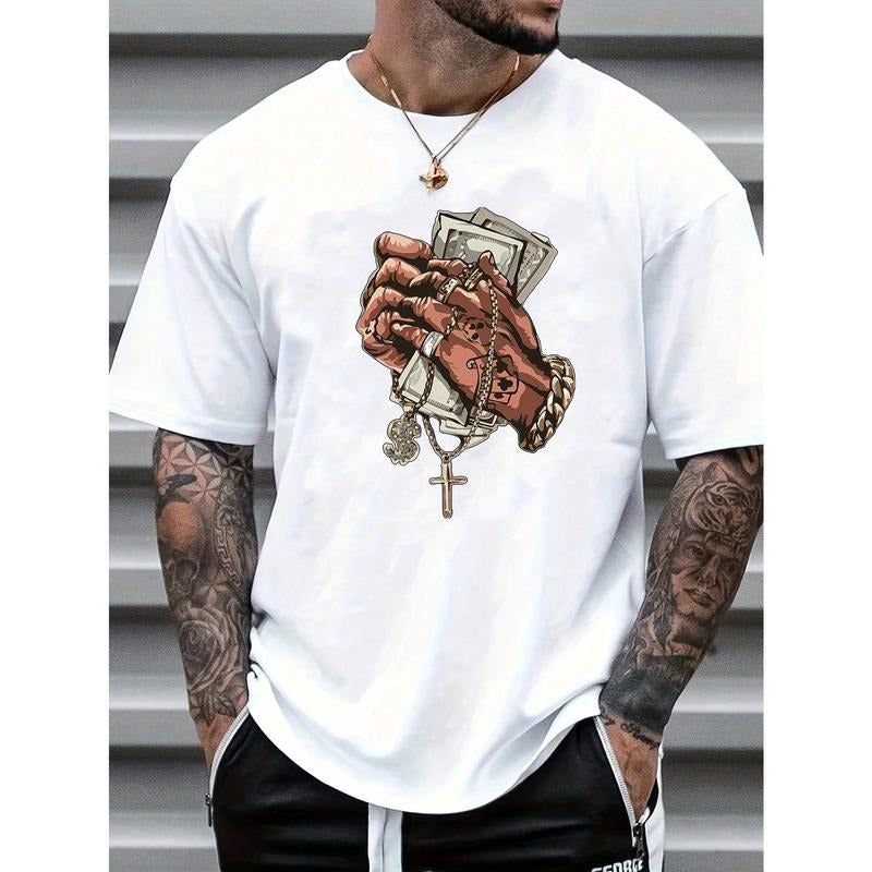 Men's Summer Casual Hand Gesture Cross Print Short Sleeve T-Shirt Made in USA Hoodie, Sweatshirt | GrindPrints.com
