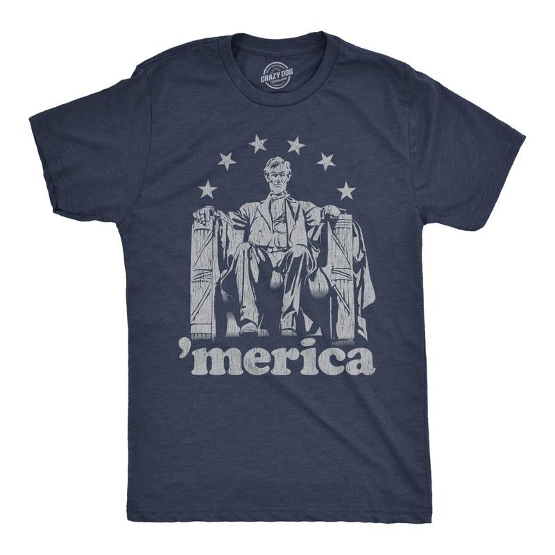 Mens Abe Lincoln 'Merica T Shirt Funny 4th of July USA Patriotic Graphic Novelty Tee Mens Funny T Shirts Cool Tees Soft...